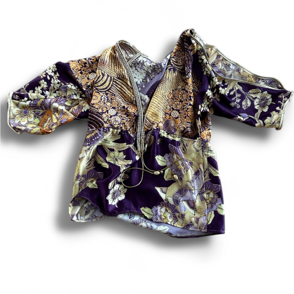 Vintage Designer Patterned Rhinestone Leather Trim Top